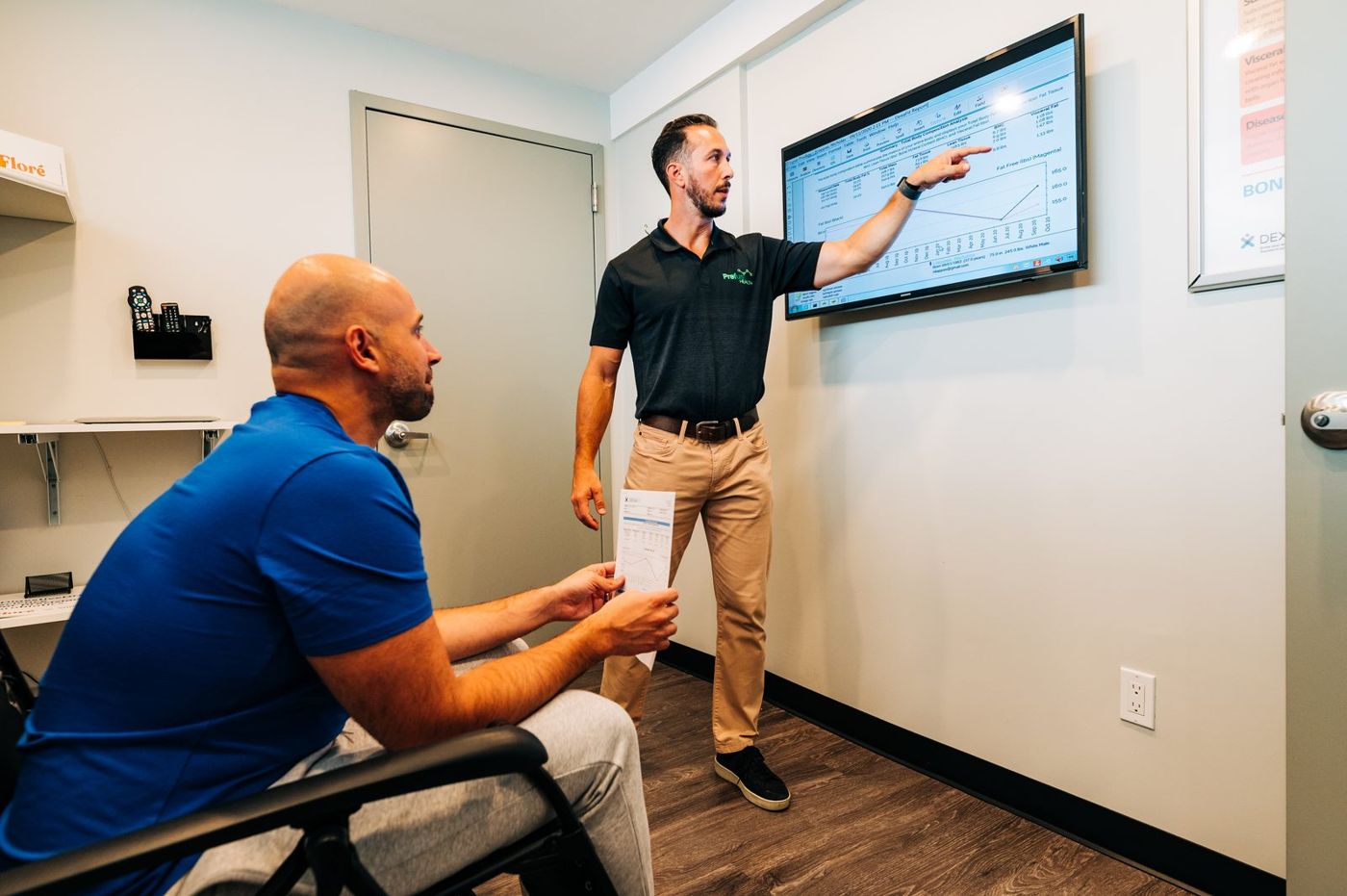 Coach reviewing results with a client on screen
