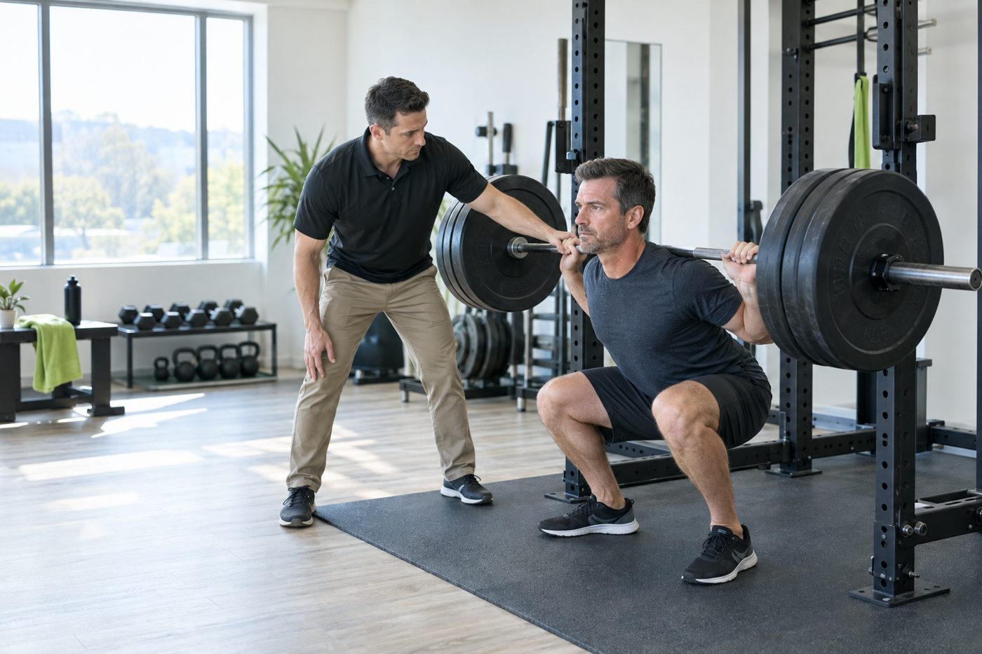 Coach supervising a client's barbell back squat